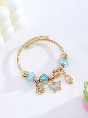 NEW Stainless Steel Gold Charm Bangle Bracelet | Blue Butterfly Floral Luxury